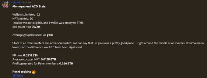 A Discord message from user 'undesi' detailing Momoyameni ACO Stats, reporting 22 wallets submitted, 20 NFTs minted, an average gas price of 33 gwei, floor price of 0.0128 ETH, and profit generated of 0.256 ETH for Penni members.