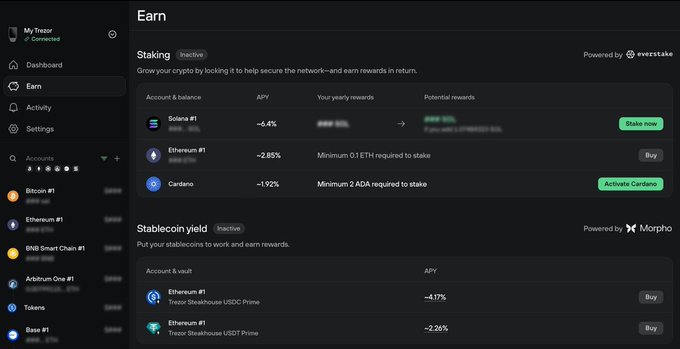 A screenshot of a cryptocurrency 'Earn' dashboard showing staking options for Solana, Ethereum, and Cardano, along with stablecoin yield options for USDC and USDT on Trezor Steakhouse, powered by Everstake and Morpho.
