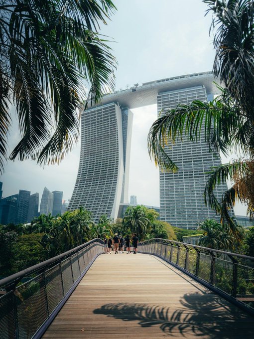 A scenic photograph of the iconic Marina Bay Sands hotel in Singapore, viewed from a wooden pedestrian bridge framed by palm fronds, with a small group of people walking toward the massive three-towered structure under a bright blue sky.
