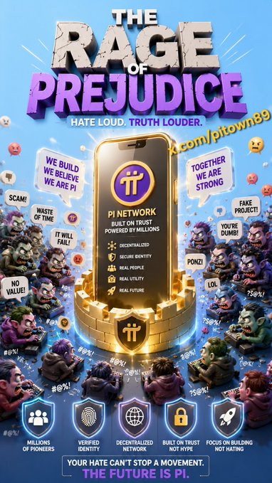 A dramatic promotional graphic titled "THE RAGE OF PREJUDICE" with the tagline "HATE LOUD. TRUTH LOUDER" features a smartphone displaying the Pi Network logo at its center, surrounded by angry cartoon mobs shouting negative slogans like "SCAM!", "PONZI," and "NO VALUE!" while highlighting Pi's features (millions of pioneers, decentralized network, built on trust). The image visually reinforces the post's theme by illustrating how Pi Network faces disproportionate online criticism and mockery compared to other crypto projects, despite its foundational values of decentralization and trust.