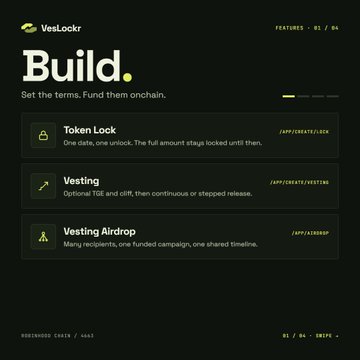 A dark-themed website screenshot for 'VesLockr Build' displaying three features: Token Lock, Vesting, and Vesting Airdrop.