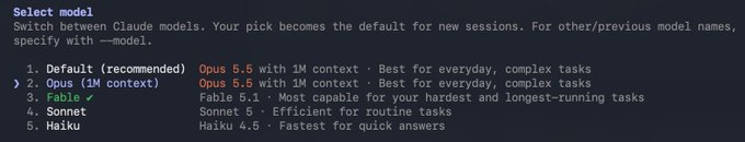 A terminal-style "Select model" menu lists five Claude models, with "Opus 5.5 with 1M context" marked as the default and labeled "Best for everyday, complex tasks," alongside options for Opus (1M), Fable 5.1, Sonnet 5, and Haiku 4.5. The post "Opus 5.5 soon, my friends" highlights the upcoming Opus 5.5 model shown as the top choice in the menu.