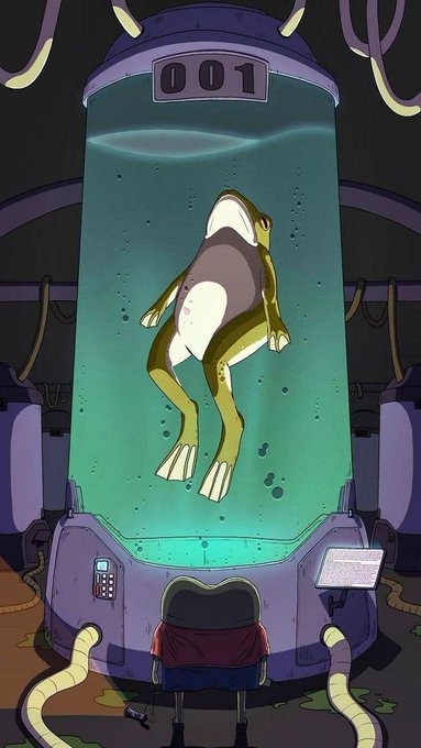 A cartoon illustration of a frog suspended in a glass containment tank labeled '001' with green liquid, while a person sits in a chair observing it from behind.
