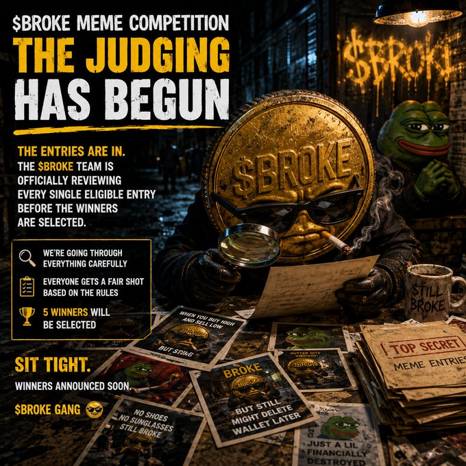 A dark, atmospheric promotional graphic for the $BROKE meme competition featuring a "$BROKE" gold coin character wearing sunglasses, smoking a cigarette, and inspecting meme entries with a magnifying glass alongside a Pepe figure. Key text reads "THE JUDGING HAS BEGUN," with notes that 5 winners will be selected, entries get fair review, and winners will be announced soon ("SIT TIGHT"), visually complementing the post's announcement of the team carefully reviewing all eligible submissions.