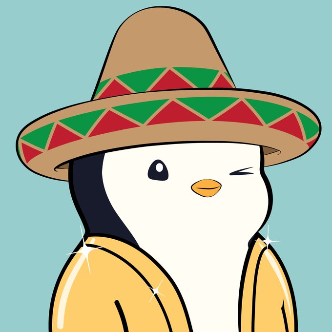 A cute cartoon penguin wearing a colorful sombrero (resembling the Pudgy Penguins NFT character) winks with a sparkle, celebrating the purchase of Pudgy Penguin #2933 for 7.290 ETH on Blur.