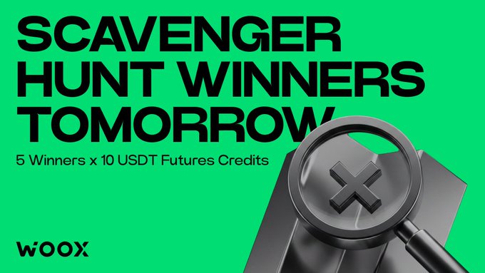 A bright green promotional banner for WOOX announces 'SCAVENGER HUNT WINNERS TOMORROW' with '5 Winners x 10 USDT Futures Credits,' featuring a 3D magnifying glass over a black cube with an 'X' symbol.