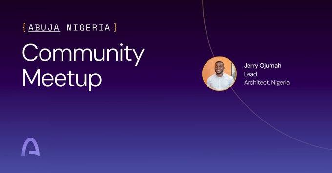 A promotional graphic for an Arc Community Meetup in Abuja, Nigeria, featuring Jerry Ojumah (Lead Architect, Nigeria) as the featured speaker, with the text "ABUJA NIGERIA" and "Community Meetup" displayed in white on a purple gradient background—announcing the expansion of Arc's Nigerian Regional Chapter to new cities ahead of mainnet.
