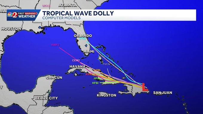 A 'First Warning Weather' news graphic showing computer model projections for Tropical Wave Dolly, with multiple colored tracks converging near the Caribbean and southern Florida.