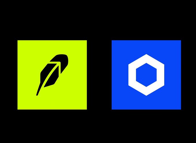 Two crypto logos side by side on a black background: Robinhood's feather logo in green and Chainlink's hexagon logo in blue.
