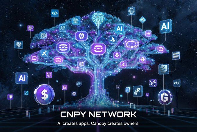 A promotional graphic for 'CNPY NETWORK' featuring a glowing neon tree of digital icons against a starry background, with the tagline 'AI creates apps. Canopy creates owners.'
