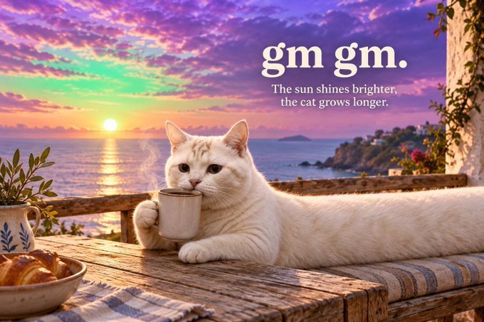 A white cat lounges on a wooden table holding a coffee mug against a vibrant sunset ocean backdrop, with text reading 'gm gm. The sun shines brighter, the cat grows longer.'