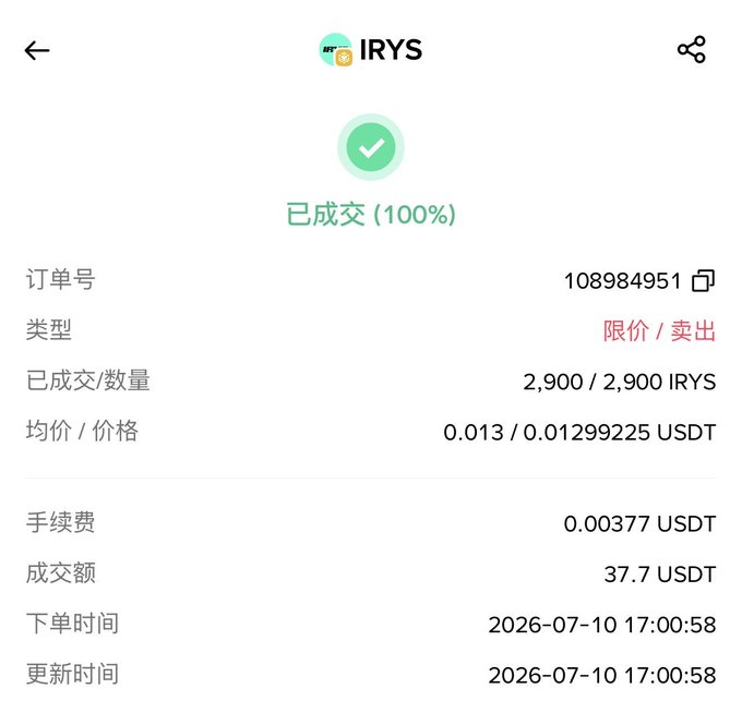 A Binance order confirmation screen showing a completed sale of 2,900 IRYS tokens at an average price of 0.013 USDT, totaling 37.7 USDT (order #108984951), which corresponds to the user's claimed airdrop amount from Binance Alpha.