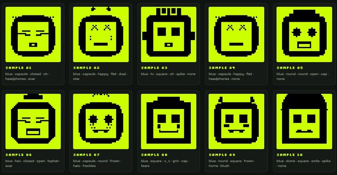 A grid displays ten pixel-art character faces in neon green and black, each labeled 'SAMPLE 01' through 'SAMPLE 10' with descriptive traits like 'blue/square/closed-oh/headphones/scarf' beneath them.