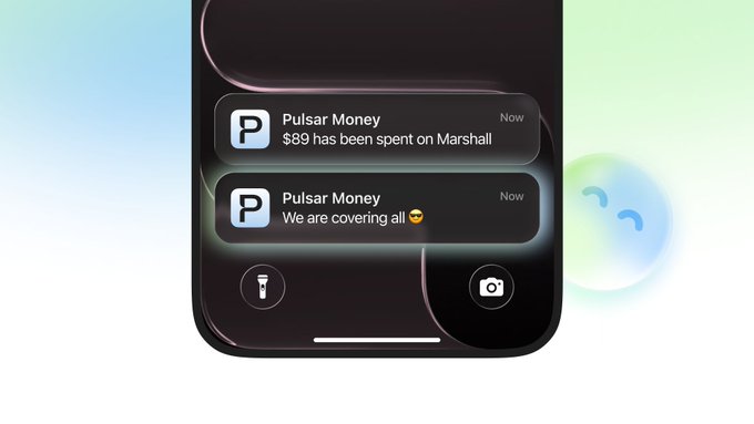 An iOS notification screen displays two alerts from 'Pulsar Money' reading '$89 has been spent on Marshall' and 'We are covering all 😎', alongside Siri and camera icons.