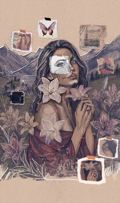 An illustration of a woman with a mask element on her face surrounded by flowers and small images.