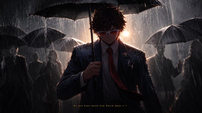 An anime-style image of a young man in a suit and red tie holding an umbrella in the rain, with text below reading "Do you even know how David does it?"