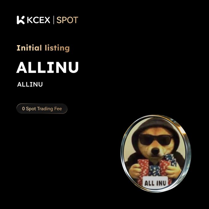 A cryptocurrency exchange listing announcement from KCEX SPOT for the initial listing of ALLINU token, featuring a Shiba Inu dog in a hat and sunglasses holding poker chips.