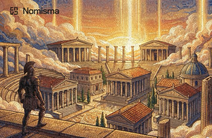 The image depicts a grand classical cityscape with a mosaic-style rendering, featuring a Roman or Greek warrior statue overlooking temples, columns, and domed buildings under a radiant, sunlit sky. The text "Nomisma" and the Nomisma logo appear in the top left, reinforcing the post's theme of Nomisma Network's emphasis on building an interconnected ecosystem of complementary applications rather than isolated successes—mirroring the way this ancient city thrives through its many linked structures.