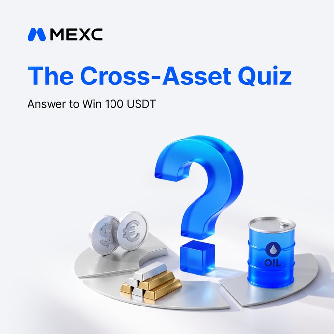 The image is a promotional graphic for MEXC's "The Cross-Asset Quiz" with text reading "Answer to Win 100 USDT," featuring a large 3D blue question mark surrounded by coins, gold bars, and an oil barrel—symbolizing the cross-asset theme of the quiz. The visual ties directly to the post's call-to-action, where participants answer 3 questions to win a share of the 100 USDT prize pool (5 winners × 20 USDT each).