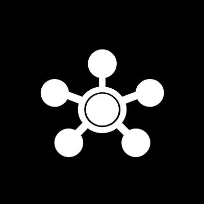 A white icon on a black background depicting a central circle connected by lines to four outer circles and one top circle.