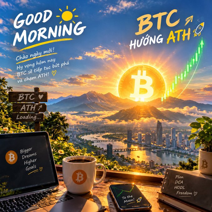 A 'Good Morning' motivational graphic about Bitcoin reaching its all-time high (ATH), featuring a sunrise cityscape, Bitcoin logos, and a candlestick chart trending upward.
