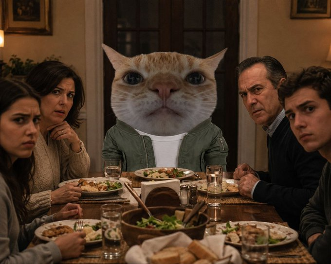 A family dinner scene with a cat head photoshopped onto one of the family members sitting at the table.