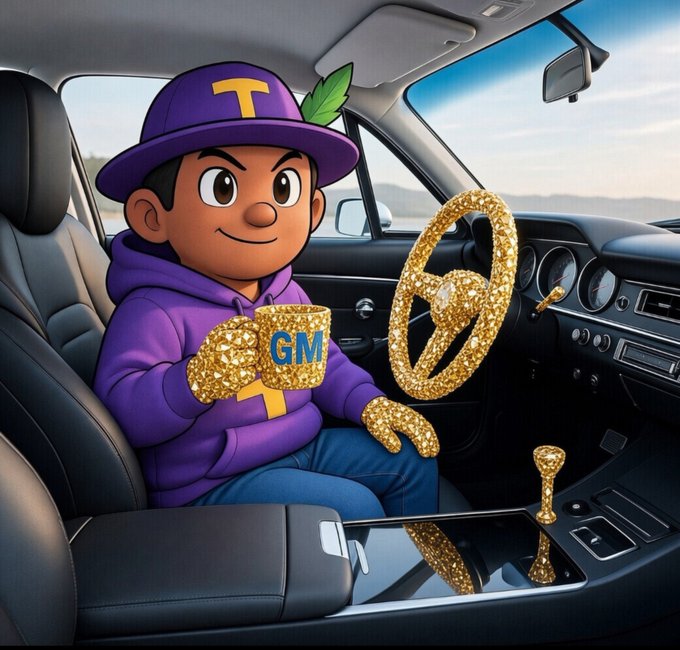 A cartoon-style illustration shows a character in a purple hoodie and cap with a 'T' logo sitting in a car with gold-glittered hands holding a 'GM' mug, alongside a gold steering wheel and gear shift.
