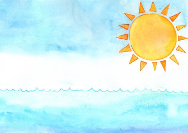 A simple watercolor illustration shows a bright yellow sun in the upper right corner against a light blue sky, with a wavy blue line suggesting the horizon above a blue sea.