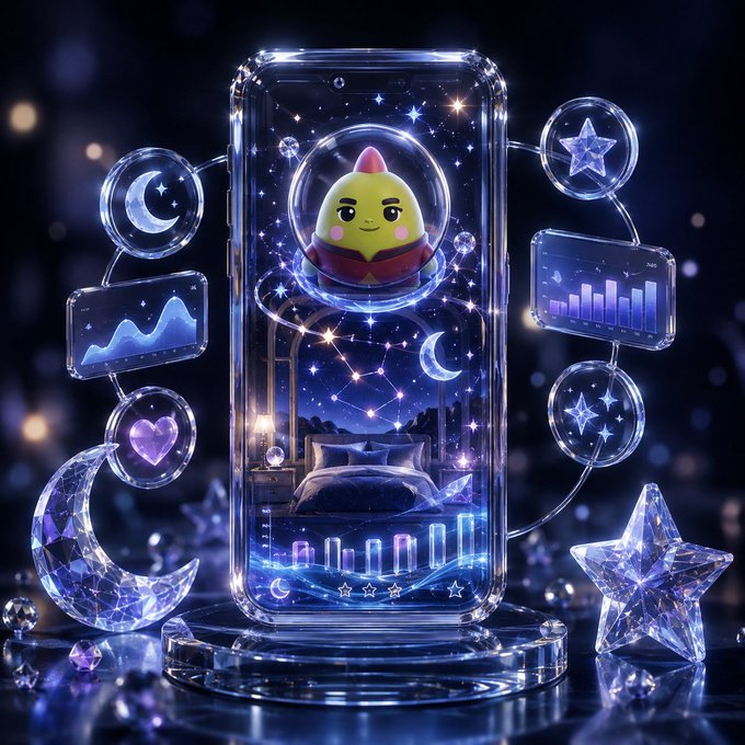A stylized, glowing 3D rendering shows a transparent smartphone displaying a cosmic-themed bedroom, floating icons like stars and crescent moons, and a small yellow character in a spacesuit inside a bubble at the top.