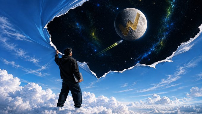 A man standing on clouds pulls back the sky to reveal a moon bearing the "WBT" logo as a rocket flies toward it, symbolizing the cryptocurrency's "new ATH" (all-time high) mentioned in the post. The image visually captures the celebratory tone of Whitechain Token's milestone, tying its 4th anniversary, $16B market cap, and bullish growth to an "out-of-this-world" achievement.