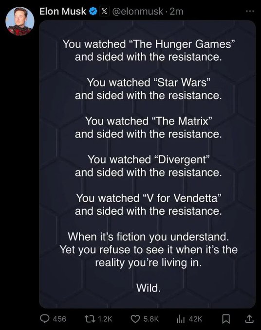 Elon Musk (@elonmusk) X post reading: 'You watched The Hunger Games and sided with the resistance. You watched Star Wars and sided with the resistance. You watched The Matrix and sided with the resistance. You watched Divergent and sided with the resistance. You watched V for Vendetta and sided with the resistance. When it's fiction you understand. Yet you refuse to see it when it's the reality you're living in. Wild.'