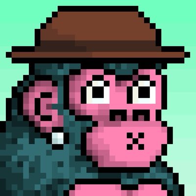 A pixel art image features a pink monkey wearing a brown fedora hat against a teal background.