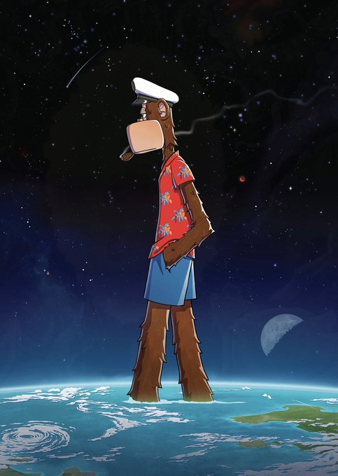 The image features a cartoon character, likely an anthropomorphic animal or a monkey, standing on the surface of Earth with its feet raised high above the water. The character appears to be wearing a hat and holding a suitcase, giving off a sense of adventure and exploration. The background is filled with stars, creating a starry night sky atmosphere that complements the overall theme of the image. The post also includes text that reads "Ape World Walking tall, all around the world!!!", which further emphasizes the connection between the cartoon character and the post's title.