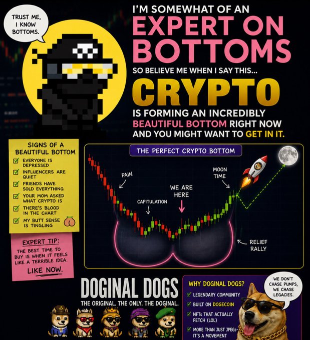 A meme-style infographic declaring 'I'm somewhat of an expert on bottoms' featuring a pixelated ninja, a chart showing 'the perfect crypto bottom,' signs of a bottom, and an ad for 'Doginal Dogs' NFTs on Dogecoin.
