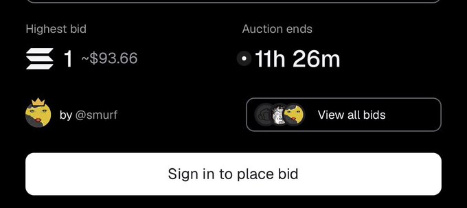 The image shows an auction interface with a highest bid of 1 (~$93.66) placed by user @smurf, with 11 hours and 26 minutes remaining and an option to "View all bids" or "Sign in to place bid." This relates to the post celebrating new bidders participating in a "toads" collection auction.