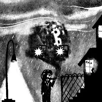 A shadowy figure holding a giant key with glowing star-shaped eyes stands beneath a streetlamp in the rain, while a "For Lease" sign glows in the distance. The dark, atmospheric scene visually echoes the inscription's sense of mystery and concealment, as if unlocking a hidden or forgotten property.