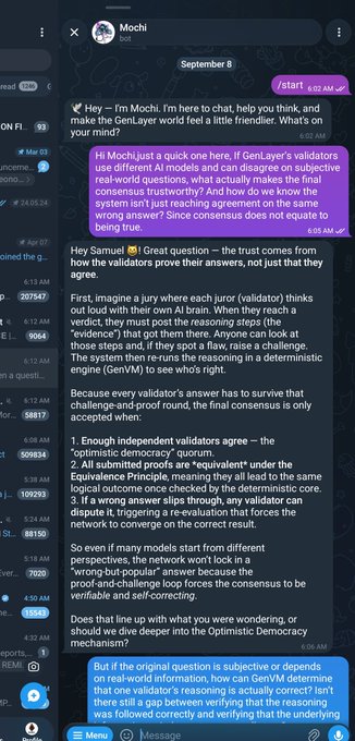 A screenshot of a Telegram chat with "Mochi" discussing AI validation systems, with highlighted messages about "GenLayer's validators" using "Optimistic Democracy" and asking "how can GenVM determine that one validator's reasoning is actually correct?"