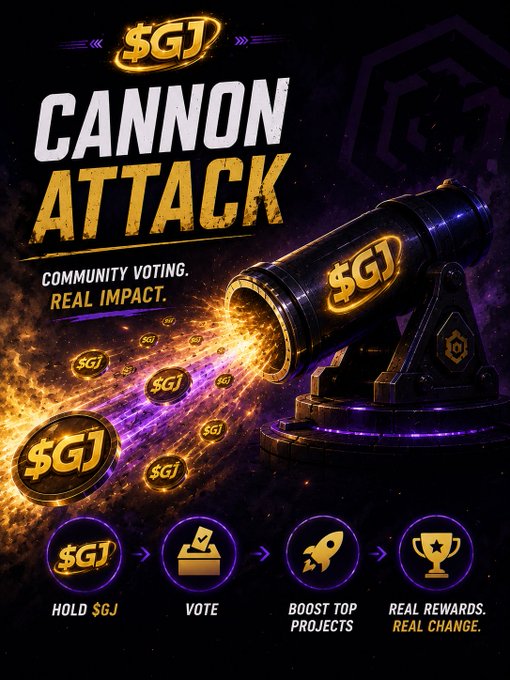 The image features a poster or flyer with a cannon attack system that uses community voting as its fuel source, represented by a black cannon with purple flames shooting out of it. The text on the poster emphasizes the importance of community involvement and the impact it can have in the real world.