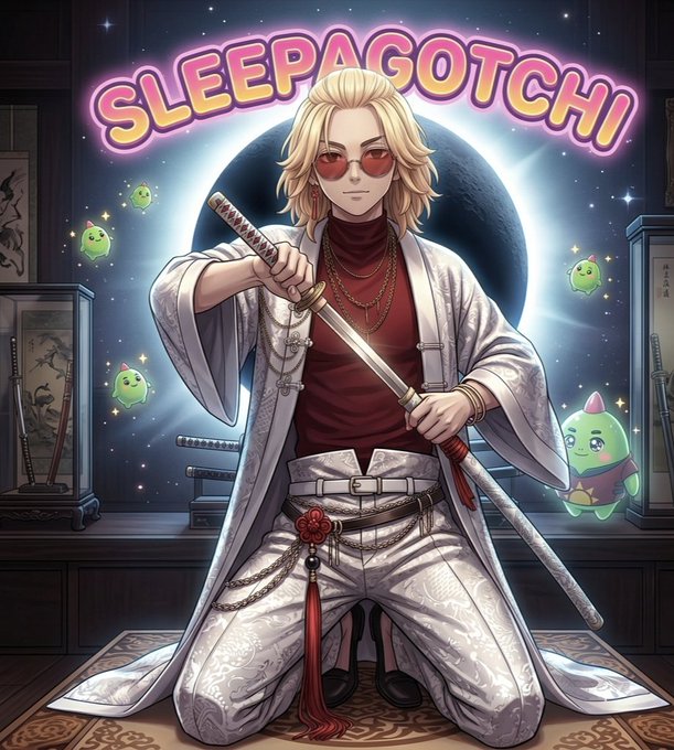 The image features a man dressed in white clothing holding a sword while sitting down with his legs crossed. The background includes a large black circle surrounded by stars, which appears to be a planet or moon. There are also small green creatures scattered around the scene. The image is related to the post "@sleepagotchi leans into that change by treating $SLEEP and daily routines as something worth designing for, not ignoring".