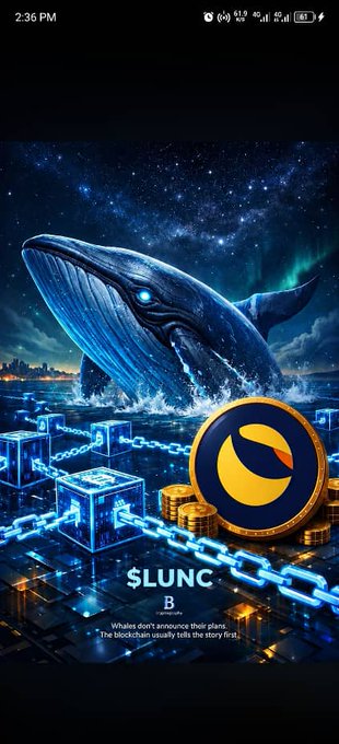 A majestic blue whale breaching ocean waves against a starry night sky, surrounded by glowing blue blockchain chains and gold coins, with the $LUNC logo prominently displayed alongside the text "Whales don't announce their plans. The blockchain usually tells the story first." The imagery reinforces the post's message about whale activity being revealed through blockchain data rather than announcements.