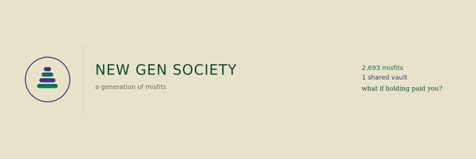 The image displays a banner for "NEW GEN SOCIETY" with the tagline "a generation of misfits," noting "2,693 misfits" and "1 shared vault" alongside the question "what if holding paid you?" — serving as branding context for the post announcing winners of a crypto giveaway.