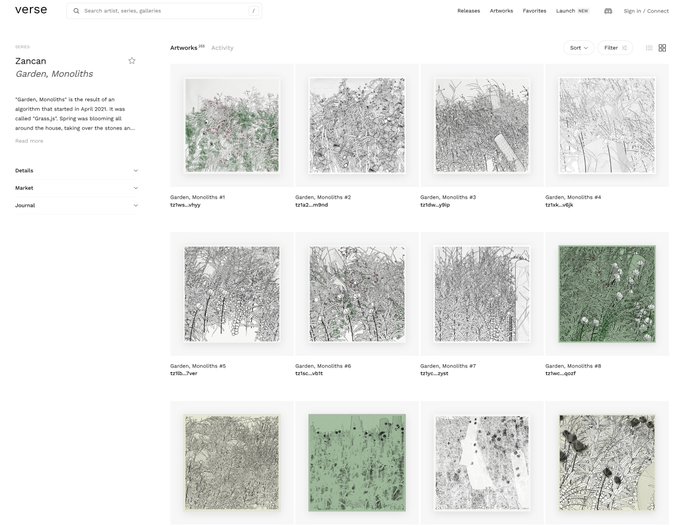A webpage on the Verse platform displaying an artwork series titled "Garden, Monoliths" by Zancan, featuring eight abstract digital pieces with intricate patterns.