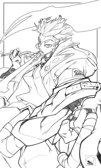 A black-and-white line art drawing depicts the character Enjin from the manga *Gachiakuta*, shown in a dynamic pose holding a weapon near his mouth, with the artist's signature "skunk" visible in the bottom right corner. The sketch captures Enjin's spiky hair and detailed outfit in a rough, energetic streaming art style.