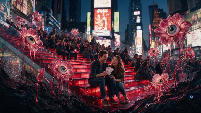 A surreal digital artwork showing a couple sitting on the famous red TKTS steps in Times Square, New York, surrounded by giant, eye-bearing pink flowers and a stylized cityscape.