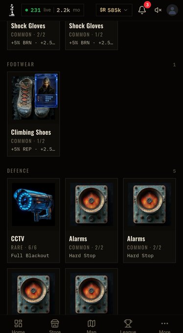 A mobile game interface showing equipment inventory with items like 'Shock Gloves', 'Climbing Shoes', 'CCTV', and 'Alarms' under categories Footwear and Defence.