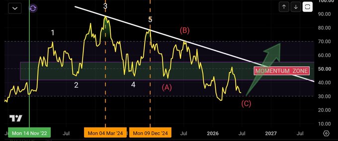 A TradingView chart of Bitcoin (BTC) with a yellow price line over a 4+ year span, labeled with Elliott Wave counts (1-5) and corrective waves (A, B, C), featuring a descending trendline, a "MOMENTUM ZONE" highlighted in green, and annotations pointing to wave 2 and wave 4 lows near the zone, illustrating the bullish setup referenced in the caption.