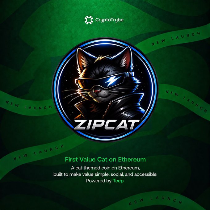 The image is a promotional graphic from CryptoTrybe announcing the launch of their new community coin, ZIPCAT, described as "The First Value Cat on Ethereum." It features a stylized black cat character wearing sunglasses with a lightning bolt design, centered in a circular badge against a green background with "NEW LAUNCH" ribbons, and notes the coin is powered by Teep.