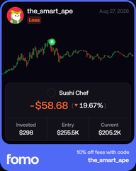 A Fomo app screenshot showing user "the_smart_ape" holding 6296 of Sushi Chef ($CHEF) tokens, currently down -$58.68 (-19.67%), illustrating the early-stage position the post describes as a small bag into the SushiSwap token-launching platform.