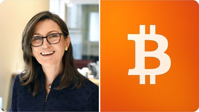 Cathie Wood, CEO of ARK Invest, smiles in a professional headshot alongside the Bitcoin (BTC) logo, illustrating her firm's recent $37 million purchase of the cryptocurrency.