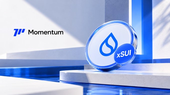 A promotional image displaying the "Momentum" logo alongside a stylized 3D circular token featuring a water droplet icon and "xSUI" label, set against a minimalist blue and white architectural backdrop. The clean, modern design visually reinforces the message that staking with xSUI requires no trade-offs.